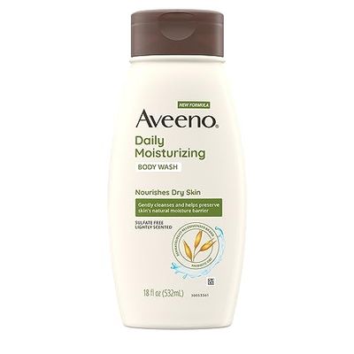 Aveeno Daily Moisturizing Body Wash for Dry &amp; Sensitive Skin with Prebiotic Oat, Hydrating Oat Body Wash Nourishes Dry Skin &amp; Gently Cleanses, Light Fragrance, Sulfate-Free, 18 fl. oz