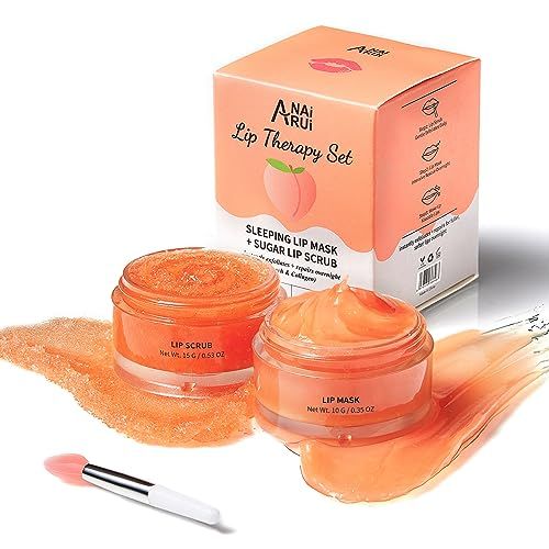 ANAI RUI Lip Mask &amp; Lip Scrub Set, Lip Care Kit, Gift For Mother Girls, Overnight Lip Treatment with Lip Sleeping Mask &amp; Sugar Lip Exfoliator Scrub, Lip Moisturizer for Dry, Chapped, Dark Lips, Peach