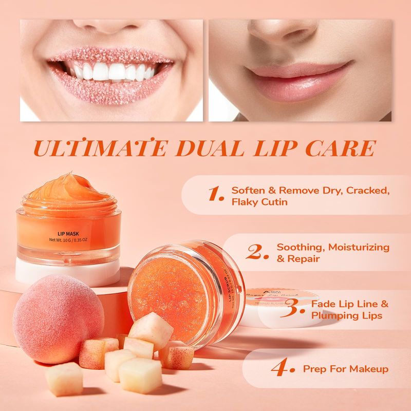 ANAI RUI Lip Mask &amp; Lip Scrub Set, Lip Care Kit, Gift For Mother Girls, Overnight Lip Treatment with Lip Sleeping Mask &amp; Sugar Lip Exfoliator Scrub, Lip Moisturizer for Dry, Chapped, Dark Lips, Peach