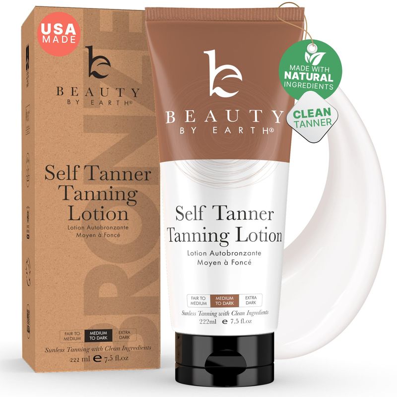 Beauty by Earth Self Tanner - USA Made with Natural &amp; Organic Ingredients, Moisturizing Self Tanning Lotion with Aloe Vera &amp; Coconut for a Natural Glow, Streak-Free Fake Tan, Medium to Dark