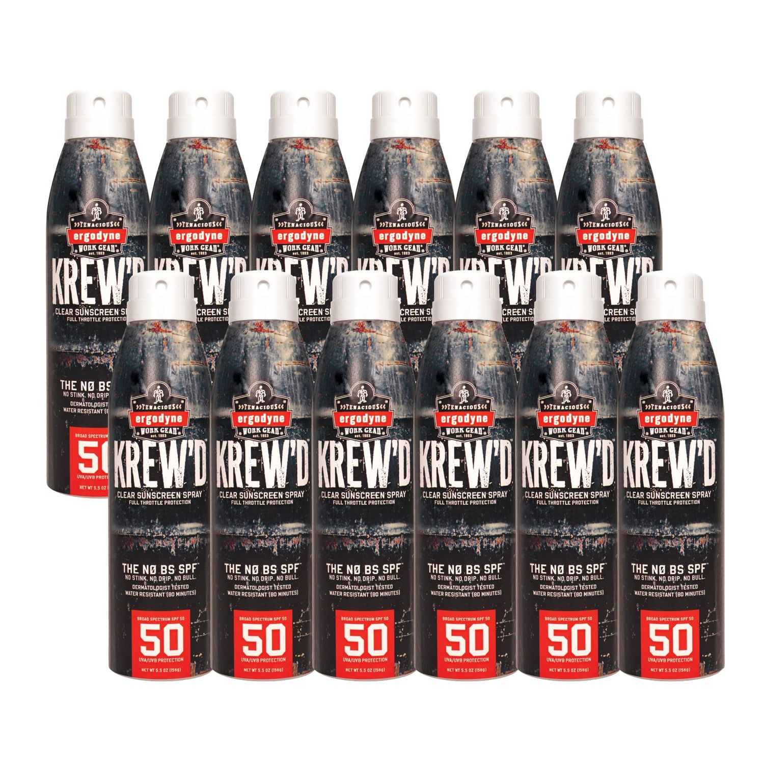 Ergodyne KREW&#39;D 6353 Sunscreen Spray, Broad Spectrum SPF 50, Water Resistant, 5.5 oz, 12-Pack