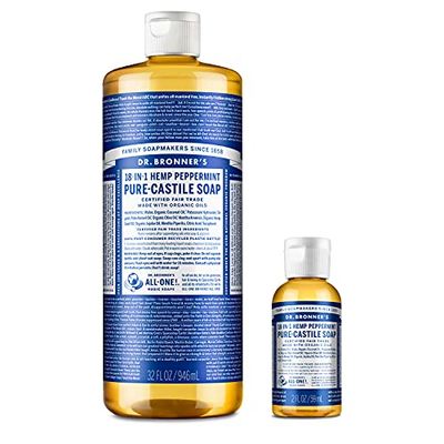 Dr. Bronner&#39;s - Pure-Castile Liquid Soap (Peppermint, 32 ounce and 2oz bundle) - Made with Organic Oils, 18-in-1 Uses: Face, Body, Hair, Laundry, Pets &amp; Dishes, Concentrated, Vegan, Non-GMO