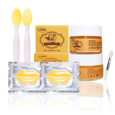 Generic Six in one Lip care kit Pack consist of a Lip sleeping Mask, a Exfoliate scrub, two Hydrating sheet mask, and two exfoliate double side silicone brush for day skin, Honey scented
