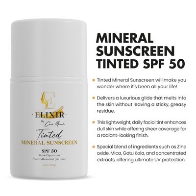 Broad Spectrum Mineral Tinted Sunscreen SPF 50 Sun Protection, Water-Resistant-80 min, Hydrates and Enhances Skin, Adults and Children- 2.1 oz 59 g ELIXIR by Coco March
