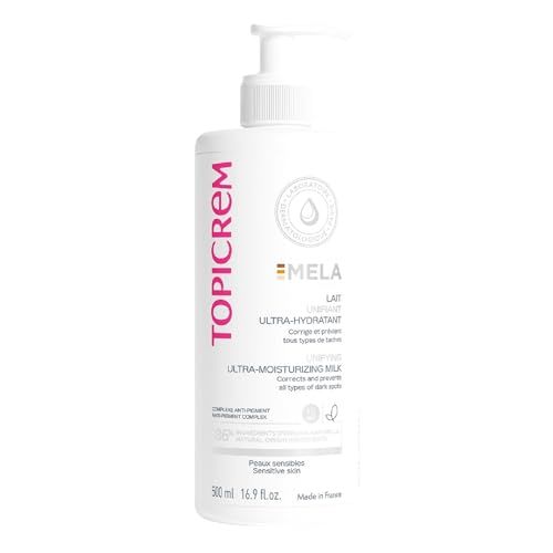 GIGATEMP Topicrem - Mela, Lait Unifiant Ultra Hydratant Corps - Hydrate 24h, Unifie le Teint, Corrige et Prvient lApparition des Taches Texture Onctueuse Peaux Sensibles Nouvelle Formule 500ml