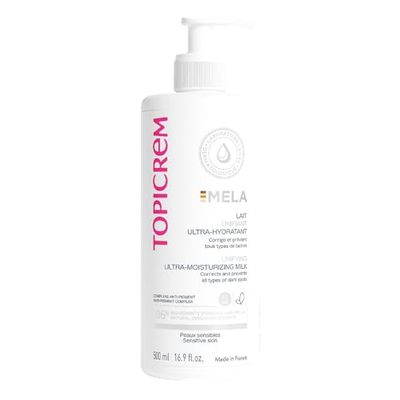 GIGATEMP Topicrem - Mela, Lait Unifiant Ultra Hydratant Corps - Hydrate 24h, Unifie le Teint, Corrige et Prvient lApparition des Taches Texture Onctueuse Peaux Sensibles Nouvelle Formule 500ml
