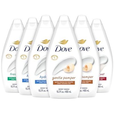 Dove Body Wash Variety 6-Pack - Hydrate, Gentle Pamper, Fresh Care, and Silky Velvet, 15.22 Oz Ea
