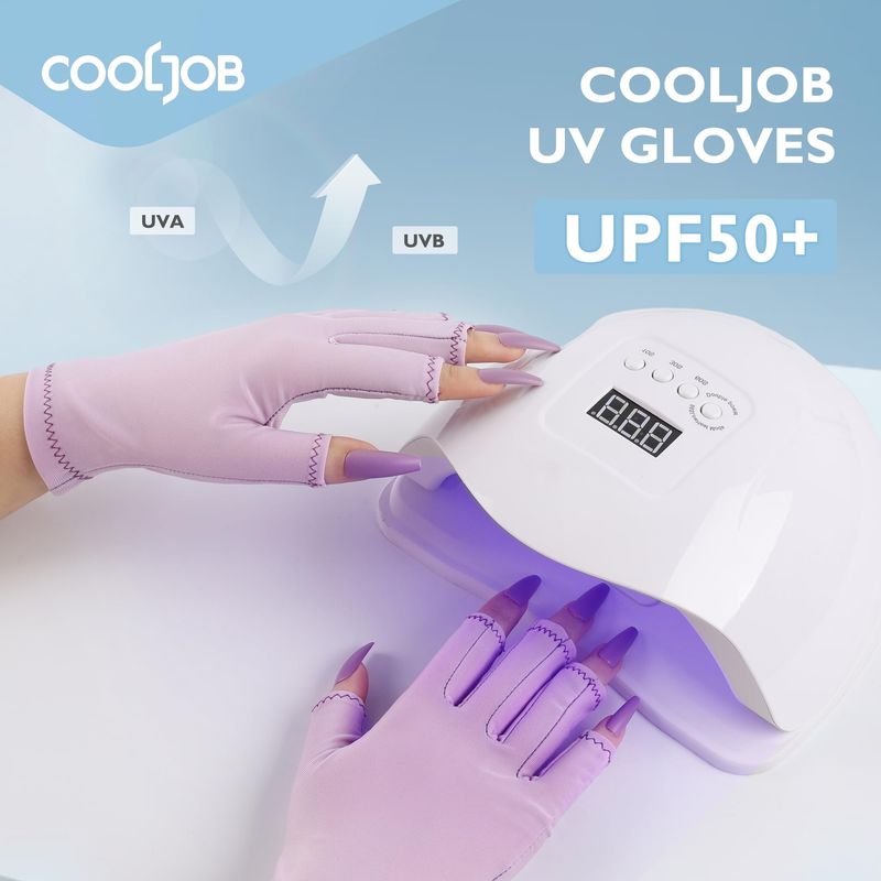 COOLJOB Anti-UV Gloves for Nail Lamp, Professional UPF50+ UV Protection Glove for Manicures, Art Skin Care Fingerless, Women Men Protect Hands from Sun and Nail Dryer Harm, Purple, 1 Pair