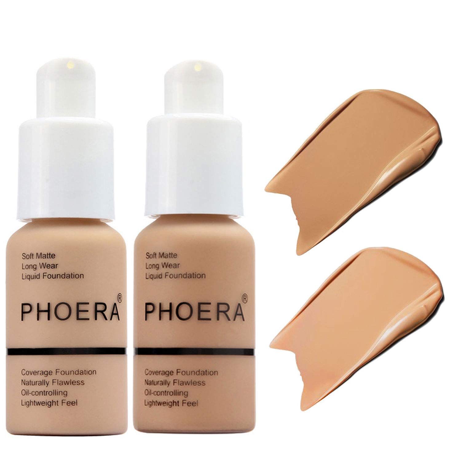 BestLand 2Pack PHOERA Foundation Full Coverage Liquid Foundation Cream - Long-lasting Lightweight Concealer - Oil-Free Formula - Natural Shade - Suitable for All Skin Types (104 Buff Beige &amp; 105 Sand)