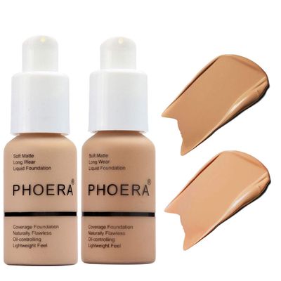 BestLand 2Pack PHOERA Foundation Full Coverage Liquid Foundation Cream - Long-lasting Lightweight Concealer - Oil-Free Formula - Natural Shade - Suitable for All Skin Types (104 Buff Beige &amp; 105 Sand)