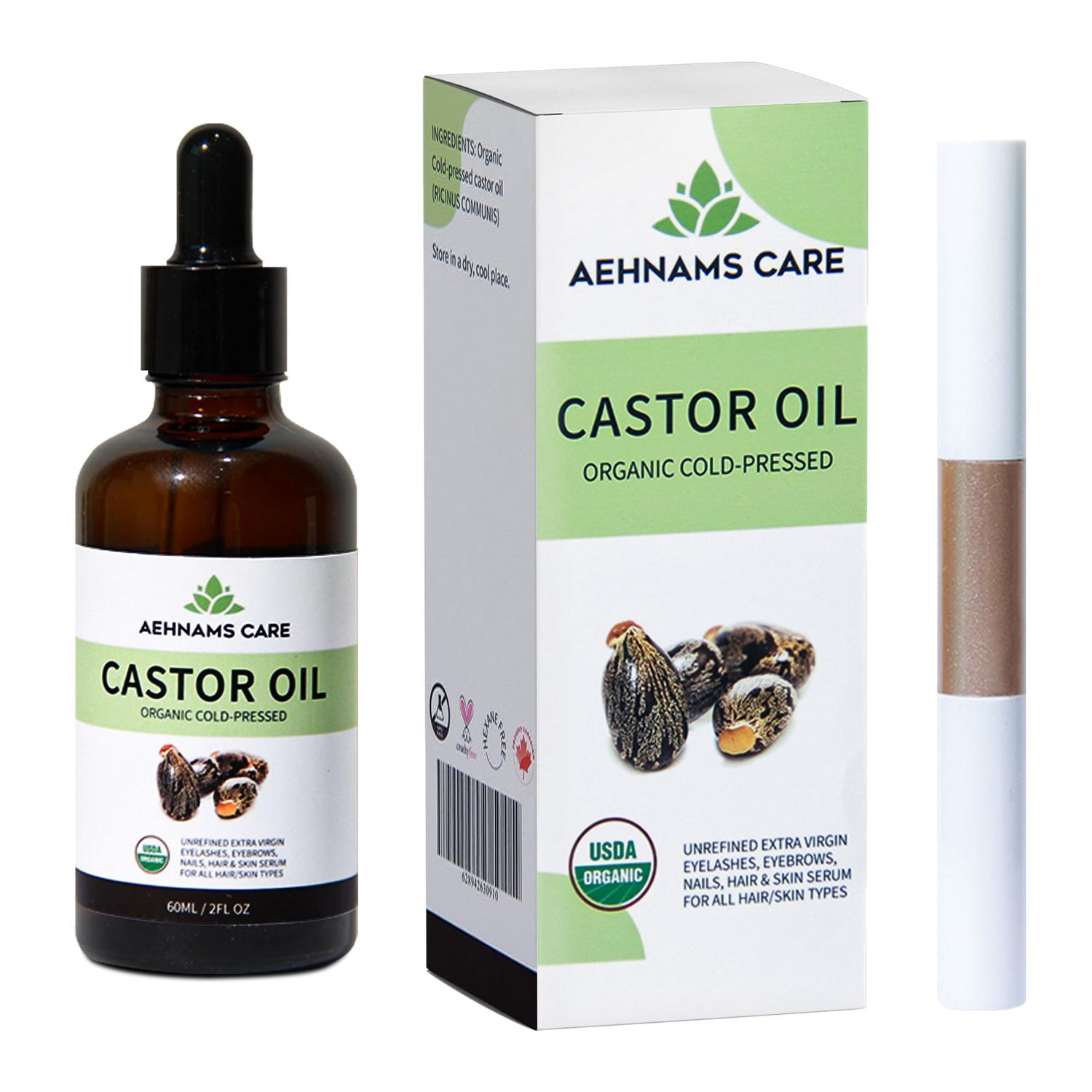 AEHNAMS CARE 100% Pure Castor Oil - USDA Organic, Cold-Pressed, Unrefined, Hexane-Free - 60ml (2oz) for Healthy Skin, Eyelashes, Eyebrows, Hair Growth &amp; Nail Conditioner with Mascara &amp; Eyeliner tube