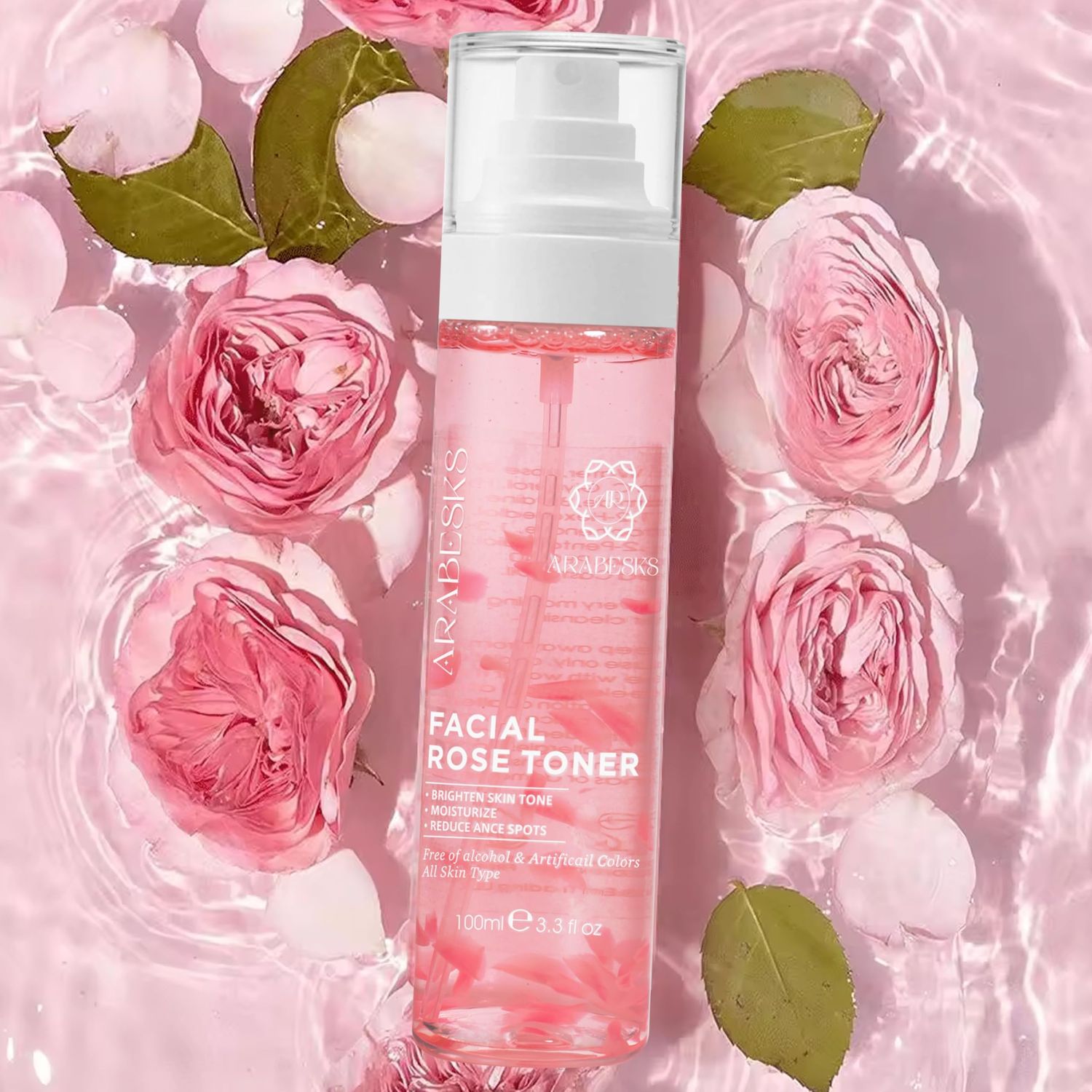 ARABESKS Rose Toner Spray - Natural, Organic, Vegan, Pure Rose Water, Hyaluronic Acid, Aloe Vera, Vitamin C, Flower Floated Rose | Facial Mist, Face Toner, Spray for Face