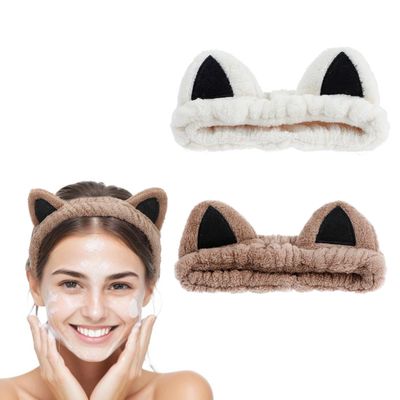 Gjinxi Cute Cat Spa Headband for Washing Face Makeup Skincare, 2 Packs Animal Headbands for Women Girls Trendy Stuff Gifts Soft Coral Fleece Facial Wash Hair Accessories Party Makeup Accessories