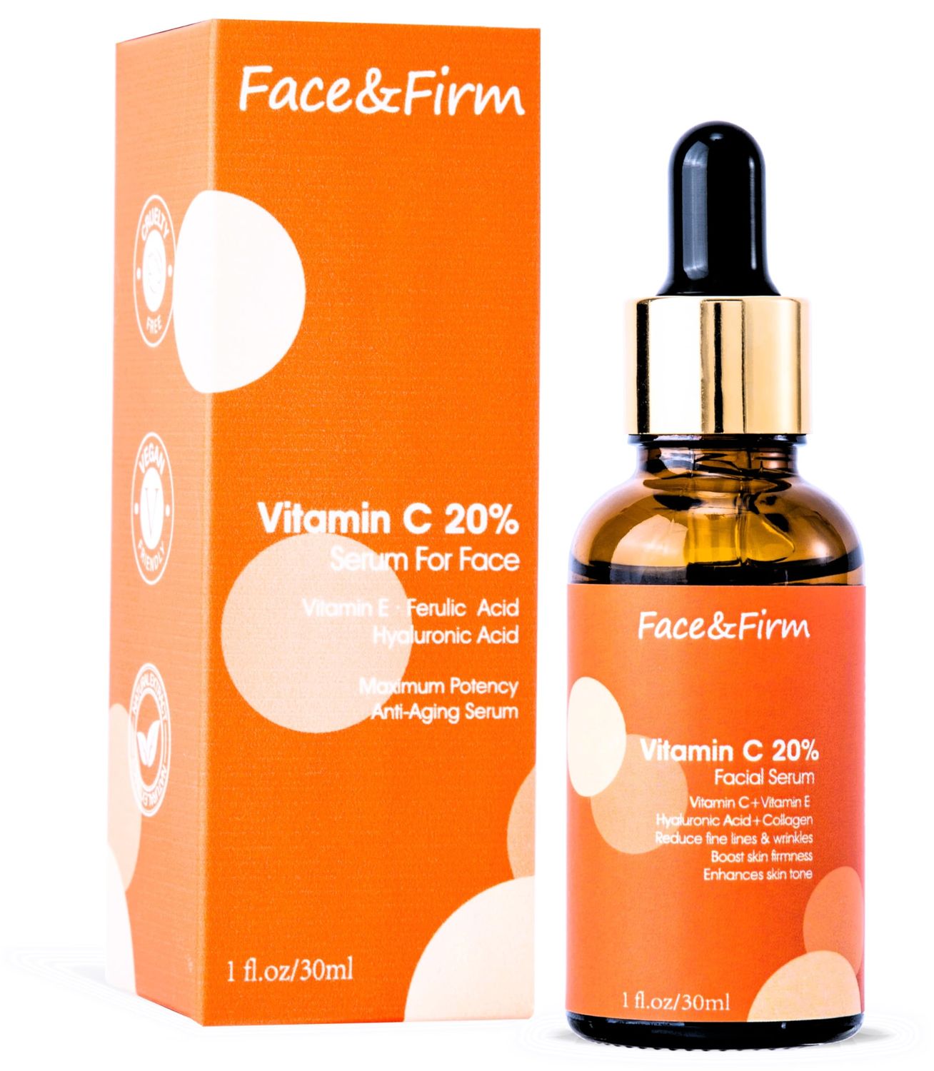 Generic Face&amp;Firm 20% Vitamin C Face Serum With Vitamin E, Ferulic Acid And Hyaluronic Acid-Anti-Aging, Maximum Potency And Boost Skin Collagen Face Serum 1fl.oz/30ml