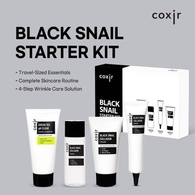 coxir BLACK SNAIL COLLAGEN STARTER KIT l Repairing&amp;Firming | Black-3-Complex: Black Rice, Bean, Sesame, Snail Mucin, Collagen FOAM CLEANSER+TONER+SERUM+CREAM [3.19 fl.oz (Pack of 1)]