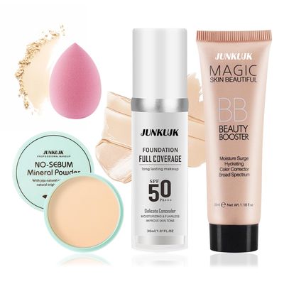 Color Changing Full Coverage Liquid Foundation Makeup Gift Set,Moisturizing BB Cream for Women,Flawless Loose Setting Powder Face Primer Base Makeup Kit With Makeup Sponge