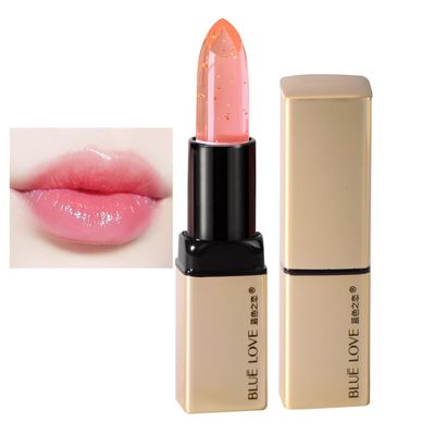 BLUE LOVE Color Changing Lipstick with Gold Foil - Crystal Jelly Formula, Long-Lasting Moisturizing Lip Balm, Clear Color Jelly Lip Gloss (Golden)