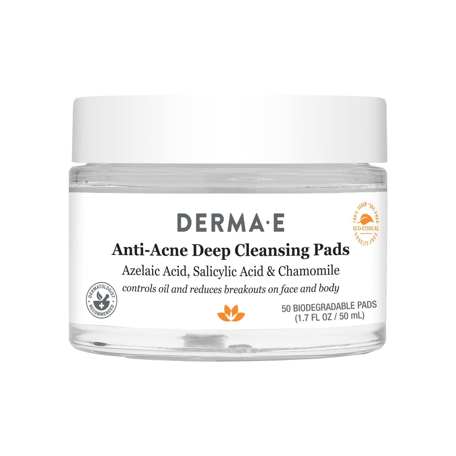DERMA E Anti-Acne Deep Cleansing Acne Pads, 50 Exfoliating Face Wipes with Azelaic Acid, Salicylic Acid &amp; Chamomile, Acne Treatment for Face &amp; Body, Helps Fight Breakouts &amp; Blemishes