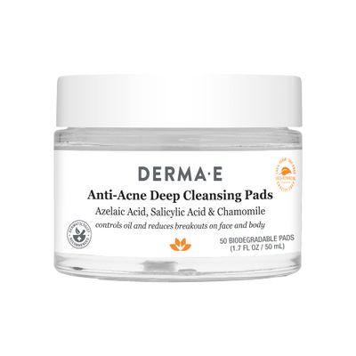 DERMA E Anti-Acne Deep Cleansing Acne Pads, 50 Exfoliating Face Wipes with Azelaic Acid, Salicylic Acid &amp; Chamomile, Acne Treatment for Face &amp; Body, Helps Fight Breakouts &amp; Blemishes