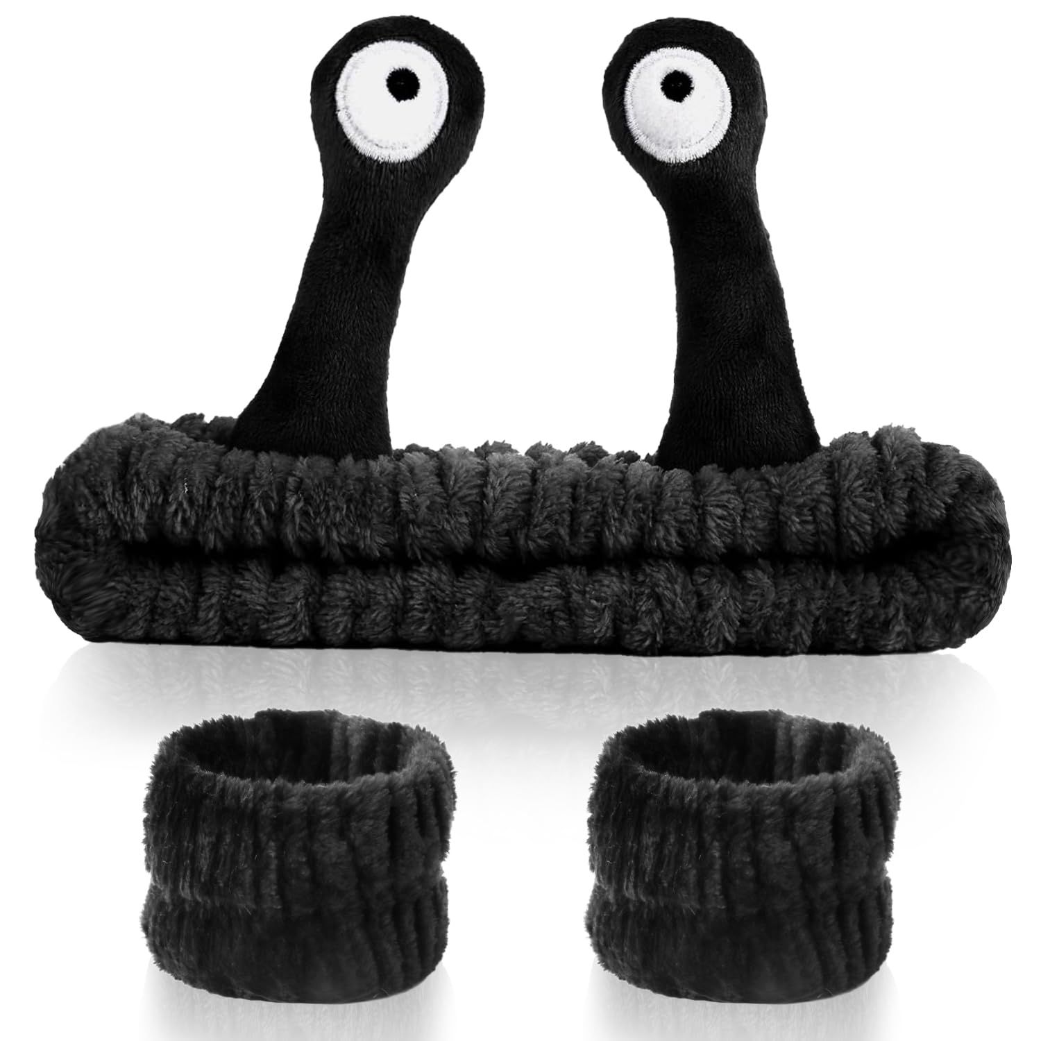3pcs Snail Face Wash Set with Headband, Wristband, and Hair Wrap - Black Funny Makeup Headbands, Puffy Skincare Spa Bands, Cute Wrist Towels for Teen Girl Gifts