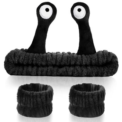 3pcs Snail Face Wash Set with Headband, Wristband, and Hair Wrap - Black Funny Makeup Headbands, Puffy Skincare Spa Bands, Cute Wrist Towels for Teen Girl Gifts