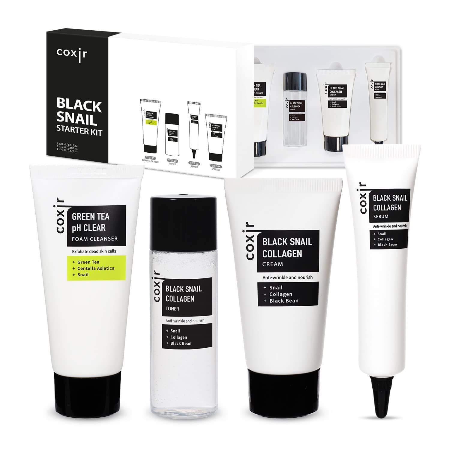 coxir BLACK SNAIL COLLAGEN STARTER KIT l Repairing&amp;Firming | Black-3-Complex: Black Rice, Bean, Sesame, Snail Mucin, Collagen FOAM CLEANSER+TONER+SERUM+CREAM [3.19 fl.oz (Pack of 1)]