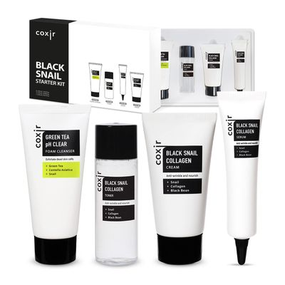 coxir BLACK SNAIL COLLAGEN STARTER KIT l Repairing&amp;Firming | Black-3-Complex: Black Rice, Bean, Sesame, Snail Mucin, Collagen FOAM CLEANSER+TONER+SERUM+CREAM [3.19 fl.oz (Pack of 1)]