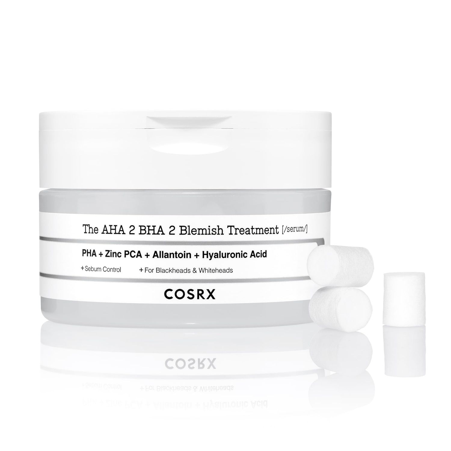 COSRX AHA 2% BHA 2% Blemish Treatment Serum, 60+ Pure Cotton Balls, Quick &amp; Easy Daily Spot Treatment, Blackheads &amp; Whiteheads, Sebum Control, Paraben Free, Phthalates Free, Korean Skin Care