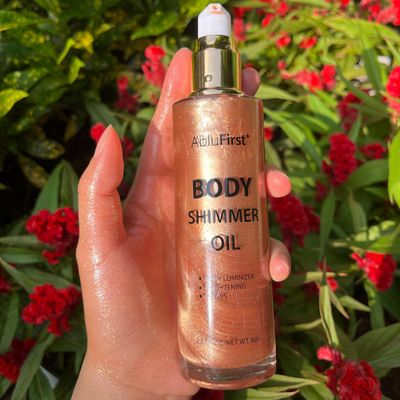 AbluFirst 4 Colors Shimmer Body Oil Face Glitter Summer Body Moisturizing Light Shimmering Glow Non-Sticky Party Body Luminizer and Illuminator Smooth (2.8 Fl Oz Pack of 1, Rose Gold)