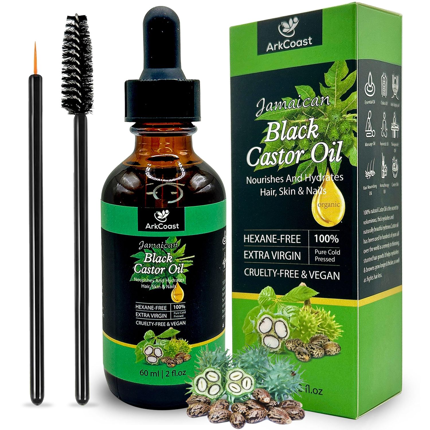 Ark Coast Jamaican Black Castor Oil - Pure Cold-Pressed for Hair, Eyebrows, Eyelashes, Skin, and Nail Care - Silicone-Free, Cruelty-Free, 100% Pure - Moisturizing and Nourishing, 8 oz