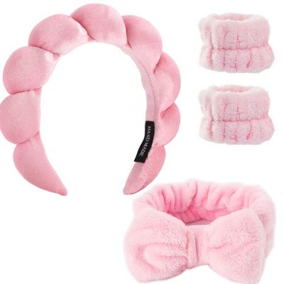 BEBEEPOO Hairband, 4pack Puffy Spa Headbands &amp; Wristband Set, Makeup Headband, Face Wash Headband, Skincare Headbands, Sponge Hair Band Bow Tie for Washing Face, Hair Accessories for Women Gifts