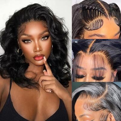 Caijuxing 13x6 Body Wave Bob Wig Human Hair 16 Inch HD Lace Frontal Bob Wigs Human Hair Free Part 200% Density Loose Wavy Bob Lace Front Wigs Human Hair for Black Women Natural Black