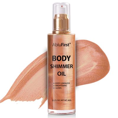 AbluFirst 4 Colors Shimmer Body Oil Face Glitter Summer Body Moisturizing Light Shimmering Glow Non-Sticky Party Body Luminizer and Illuminator Smooth (2.8 Fl Oz Pack of 1, Rose Gold)