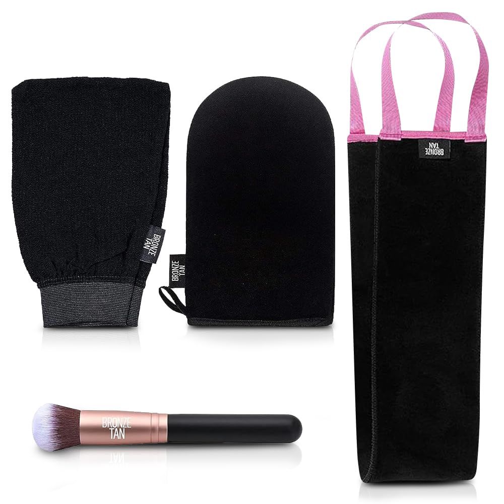 Bronze Tan Self Tanner Accessory Kit - Includes Self Tanning Mitt, Tan Remover Exfoliating Mitt, Easy-Reach Back Applicator, Tanning Brush Applicator for Face &amp; Hands - Sunless Tanning Application