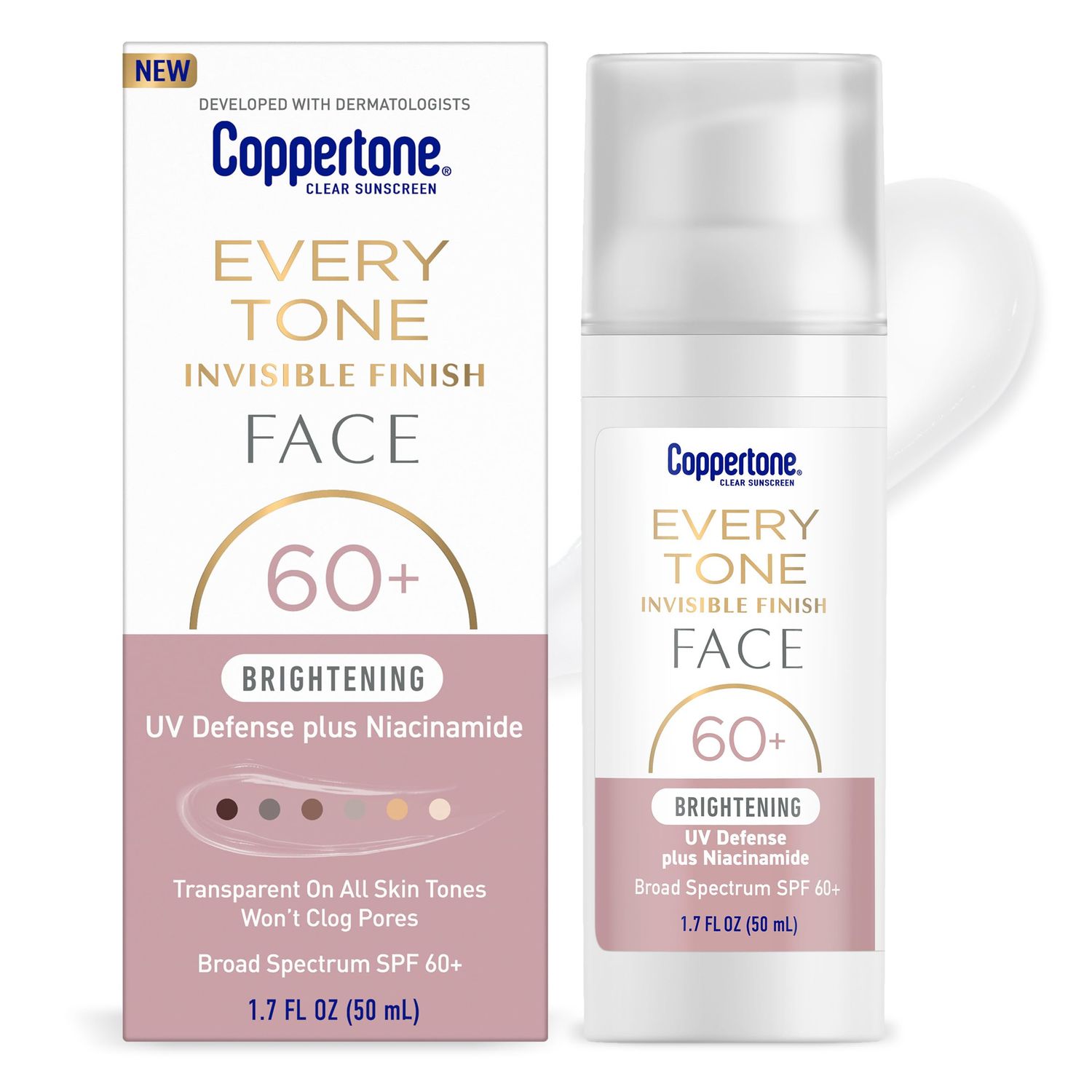 Coppertone Every Tone Invisible Finish Brightening UV Defense Face Sunscreen SPF 60+ with Niacinamide, Lightweight, Blends in Clear Sunscreen for All Skin Tones, 1.7 Fl Oz Pump Bottle