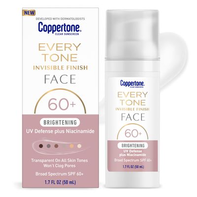 Coppertone Every Tone Invisible Finish Brightening UV Defense Face Sunscreen SPF 60+ with Niacinamide, Lightweight, Blends in Clear Sunscreen for All Skin Tones, 1.7 Fl Oz Pump Bottle