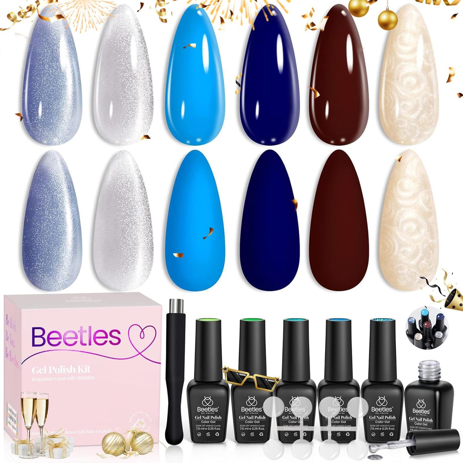 Beetles Winter Cat Eye Gel Polish, Blue Brown Gel Nail Polish, 6 Color Charm Metamorph Theme with Magnet Nail Gel Polish for Salon Gel Manicure Nail Art DIY