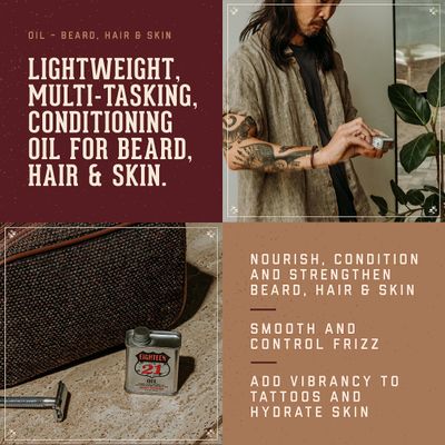18.21 Man Made Hair, Skin & Beard Oil for Men Sweet Tobacco Scent - Non-Greasy, Conditioning Balm with Castor Seed, Jojoba, and Argan Oils - Premium Tattoo and Mustache Care Products 2oz
