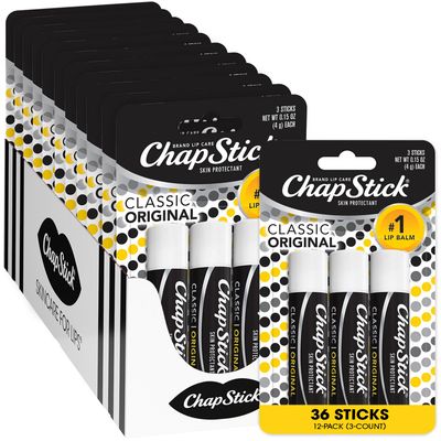 ChapStick Bulk Lip Balm, Classic Original 3-Packs (12 Sets/36 Tubes) - Moisturizing Lip Care, 0.15 Oz Ea