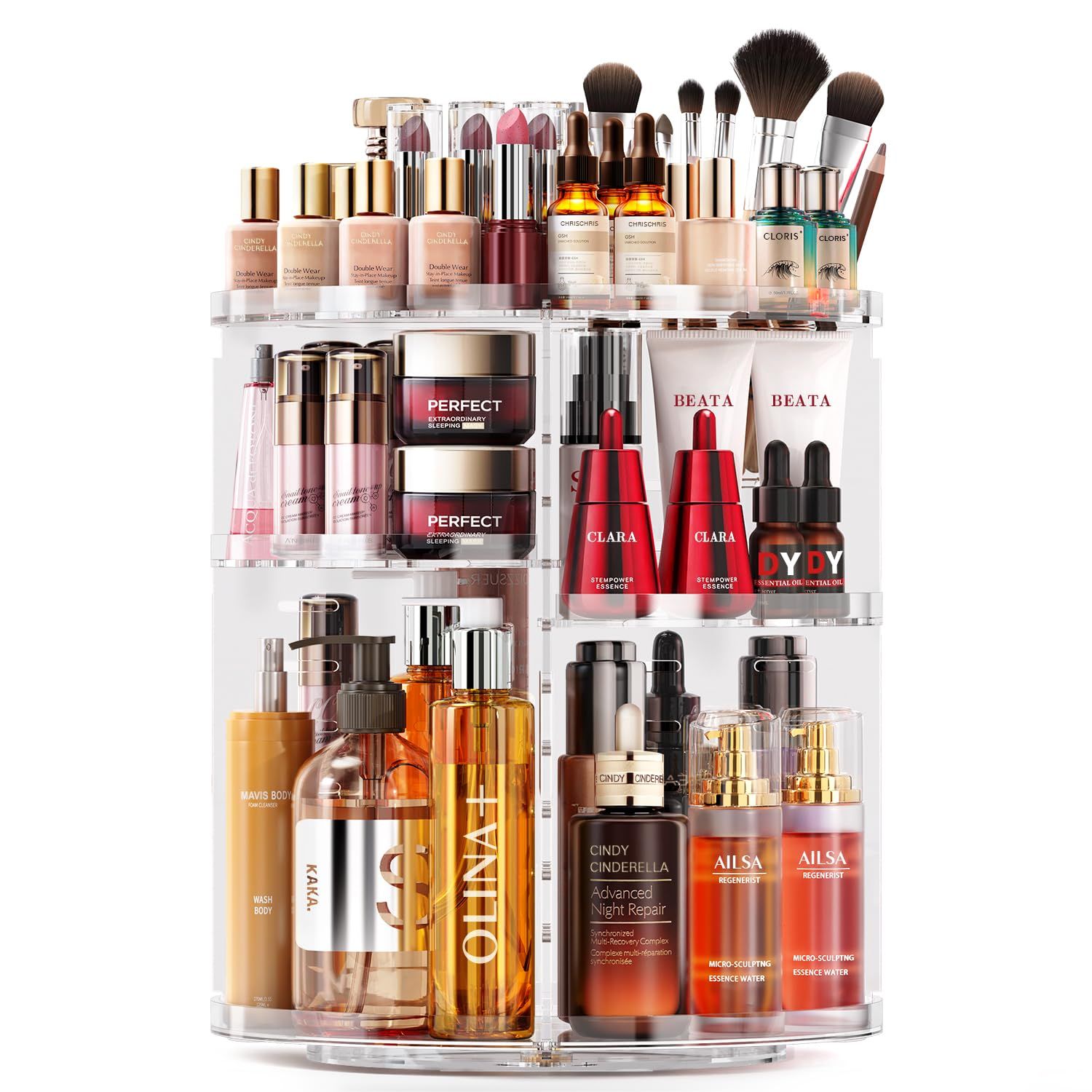 Auxmir Rotating Makeup Organizer, DIY 9 Adjustable Layers Spinning Skincare Organizer, Cosmetic Organizer with Brush Holder Perfume Tray, Multi-Function Storage Carousel for Vanity Bathroom Countertop
