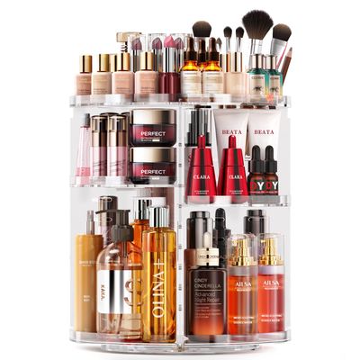 Auxmir Rotating Makeup Organizer, DIY 9 Adjustable Layers Spinning Skincare Organizer, Cosmetic Organizer with Brush Holder Perfume Tray, Multi-Function Storage Carousel for Vanity Bathroom Countertop