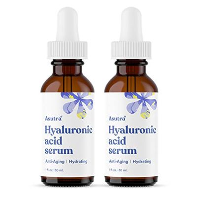 ASUTRA Hyaluronic Acid Serum for Face, 1 fl oz (Pack of 2)- Vitamin C &amp; E, Aloe, Green Tea, Geranium &amp; Jojoba Oil, Plumping Face Serum, Hydrating Facial Skin Care