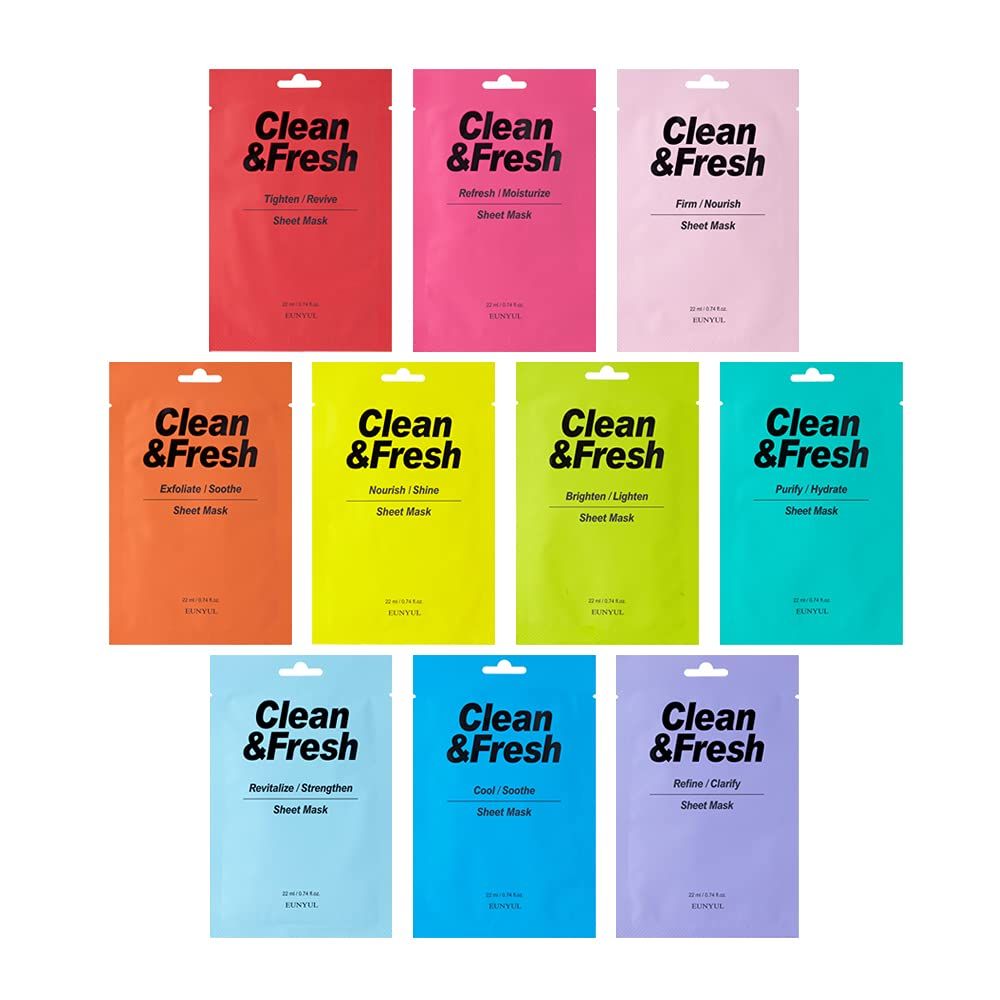 EUNYUL [PACK OF 10] Clean &amp; Fresh Sheet Mask 22 ml / 0.74 fl.oz. 10 types Korean Sheet Mask Bundle Pack For All Skin Type Face Mask Pack