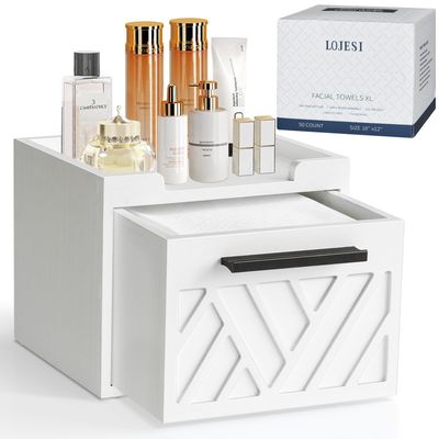 Disposable Facial Towel Storage Box, Luxe Wood Drawer Organizer with Face Towelettes Disposable 50 Count Wall Mount Makeup Organizer Face Towel Holder