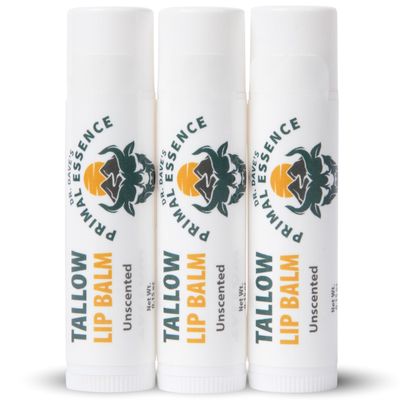 Dr. Dave&#39;s Primal Essence Moisturizing Tallow Lip Balm - Nourishing and Soothing Grass Fed Beef Tallow with Organic Coconut Oil, Beeswax, and Vitamin E - Unscented Lip Balm - 3-Pack