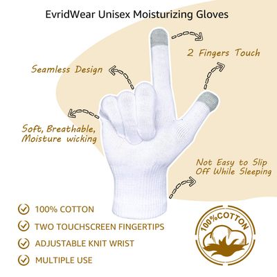 Evridwear Unisex Moisturizing Cotton Gloves with Touchscreen Fingertips for Eczema Beauty Cosmetic Dry Hands Sensitive Irritated Skin Therapy Overnight Bedtime, 6 Pairs, Lightweight-White, S/M