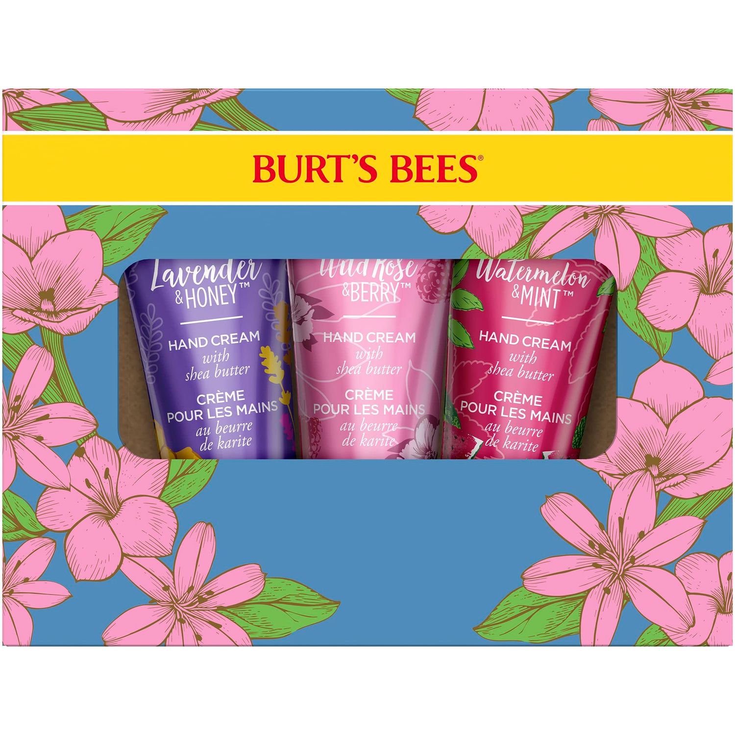 Burt&#39;s Bees Spring Gift, 3 Moisturizing Self Care Gifts, Shea Butter Hand Cream Trio Spring Set - Lavender &amp; Honey, Wild Rose &amp; Berry and Watermelon &amp; Mint (Packaging May Vary)