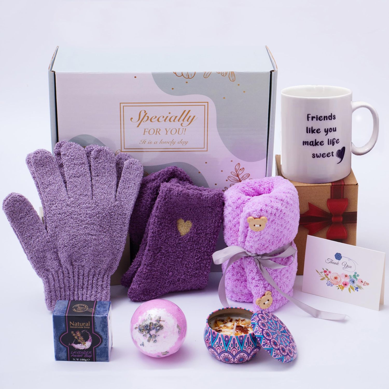 BEECO GIF2U Spa Gift Baskets for Women,Bestfriend Birthday Gifts Women Friendship,Purple Surprise Box for Women Includes Ceramic Mug,Scented Candle,Bath Salt,Soap,Exfoliating Gloves,Hair Towel,Card