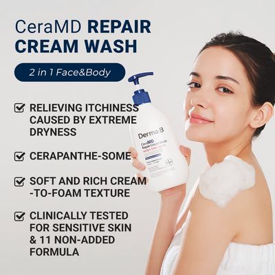 Derma B CeraMD Repair Cream Wash, Unscented Fragrance Free Creamy Face &amp; Body Cleanser for Dry Sensitive Itchy Skin, Deep Moisture Paraben-Free Body Wash, Cream to Foam Cleanser, 13.5 Fl. Oz., 400ml