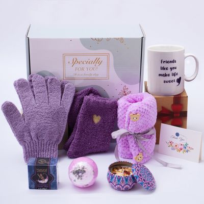 BEECO GIF2U Spa Gift Baskets for Women,Bestfriend Birthday Gifts Women Friendship,Purple Surprise Box for Women Includes Ceramic Mug,Scented Candle,Bath Salt,Soap,Exfoliating Gloves,Hair Towel,Card